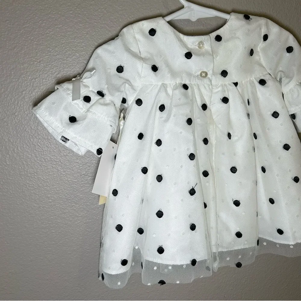 NEW Laura Ashley Infant White Black Polka Dot Dress Baby Girl’s Size 3-6 Months